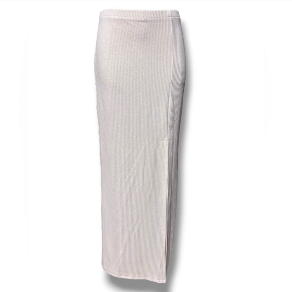 CIDER Beige Semi-Sheer Ribbed Knit Maxi Skirt with Front Slit Size Medium